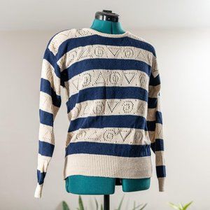 Vintage 90s Sweater Striped Blue White Lace Medium